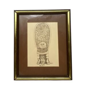 Vintage Black & White Nedobeck Framed Print of Large Chair Owl and Cat